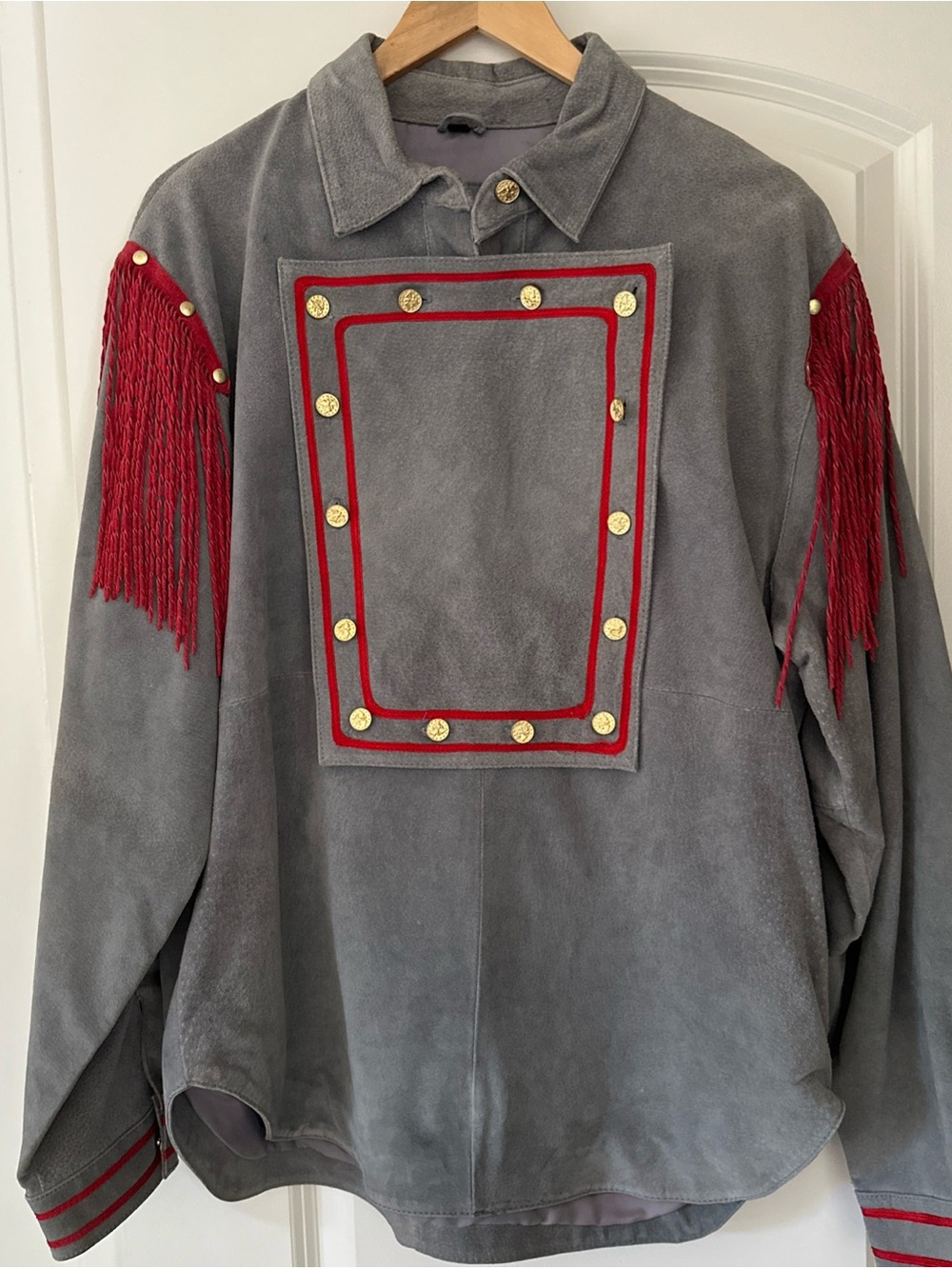 Pioneer Wear Gray Suede Leather Fringe Military-Inspired Jacket with Red Trim
